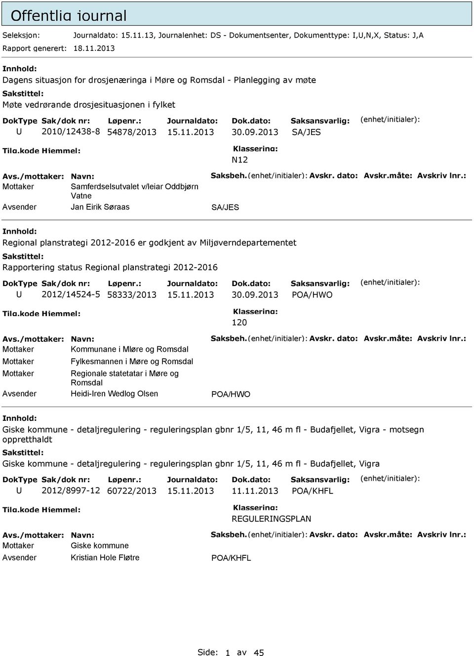 2013 Dagens situasjon for drosjenæringa i Møre og Romsdal - Planlegging av møte Møte vedrørande drosjesituasjonen i fylket 2010/12438-8 54878/2013 30.09.2013 SA/JES N12 Avs./mottaker: Navn: Saksbeh.