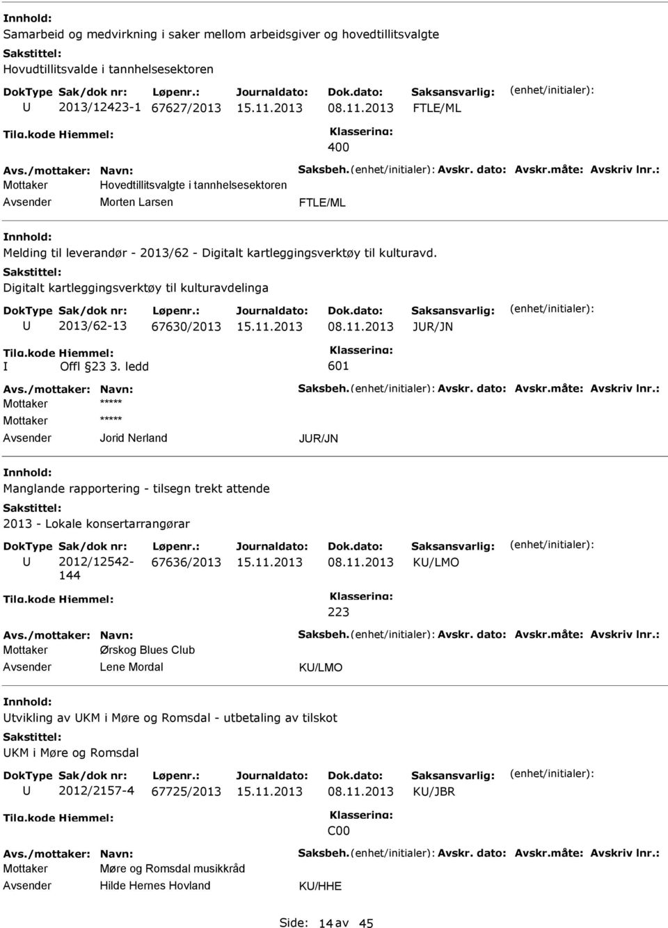 Digitalt kartleggingsverktøy til kulturavdelinga 2013/62-13 67630/2013 08.11.2013 JR/JN Offl 23 3. ledd 601 Avs./mottaker: Navn: Saksbeh. Avskr. dato: Avskr.måte: Avskriv lnr.