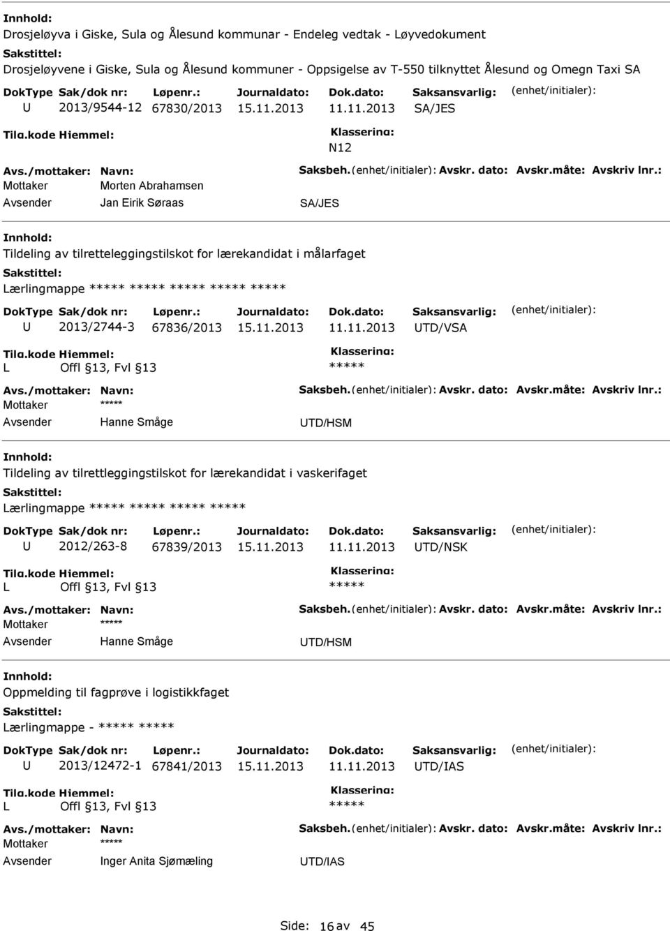 : Mottaker Morten Abrahamsen Jan Eirik Søraas SA/JES Tildeling av tilretteleggingstilskot for lærekandidat i målarfaget Lærlingmappe 2013/2744-3 67836/2013 TD/VSA L Avs./mottaker: Navn: Saksbeh.