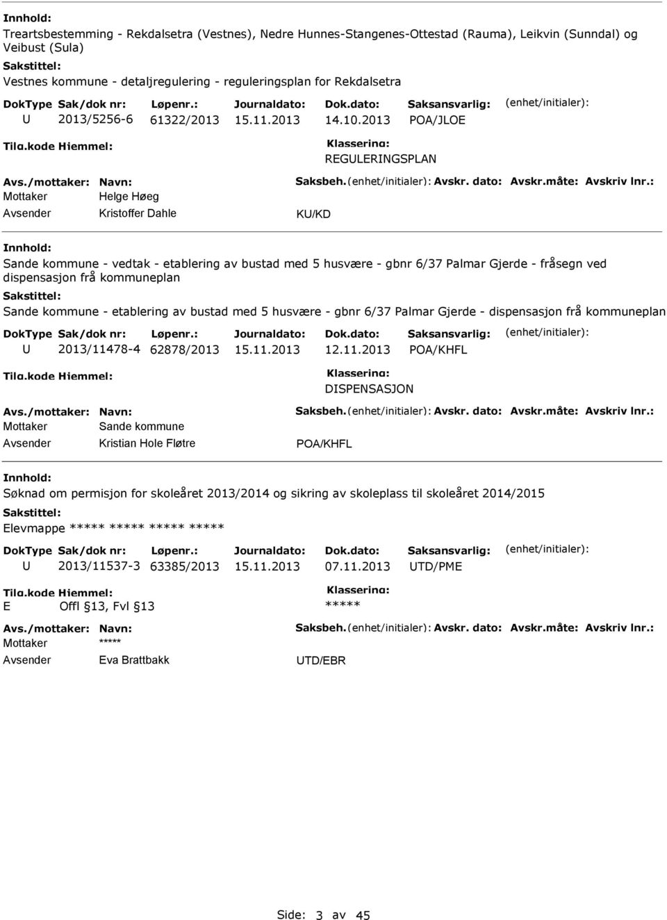 : Mottaker Helge Høeg Kristoffer Dahle K/KD Sande kommune - vedtak - etablering av bustad med 5 husvære - gbnr 6/37 Palmar Gjerde - fråsegn ved dispensasjon frå kommuneplan Sande kommune - etablering