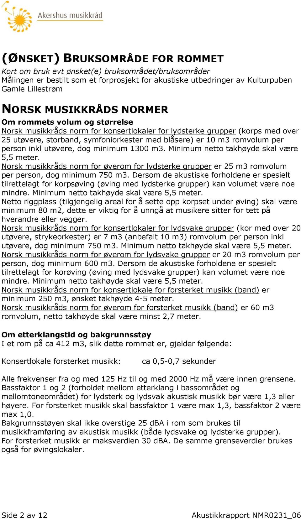 inkl utøvere, dog minimum 1300 m3. Minimum netto takhøyde skal være 5,5 meter. Norsk musikkråds norm for øverom for lydsterke grupper er 25 m3 romvolum per person, dog minimum 750 m3.