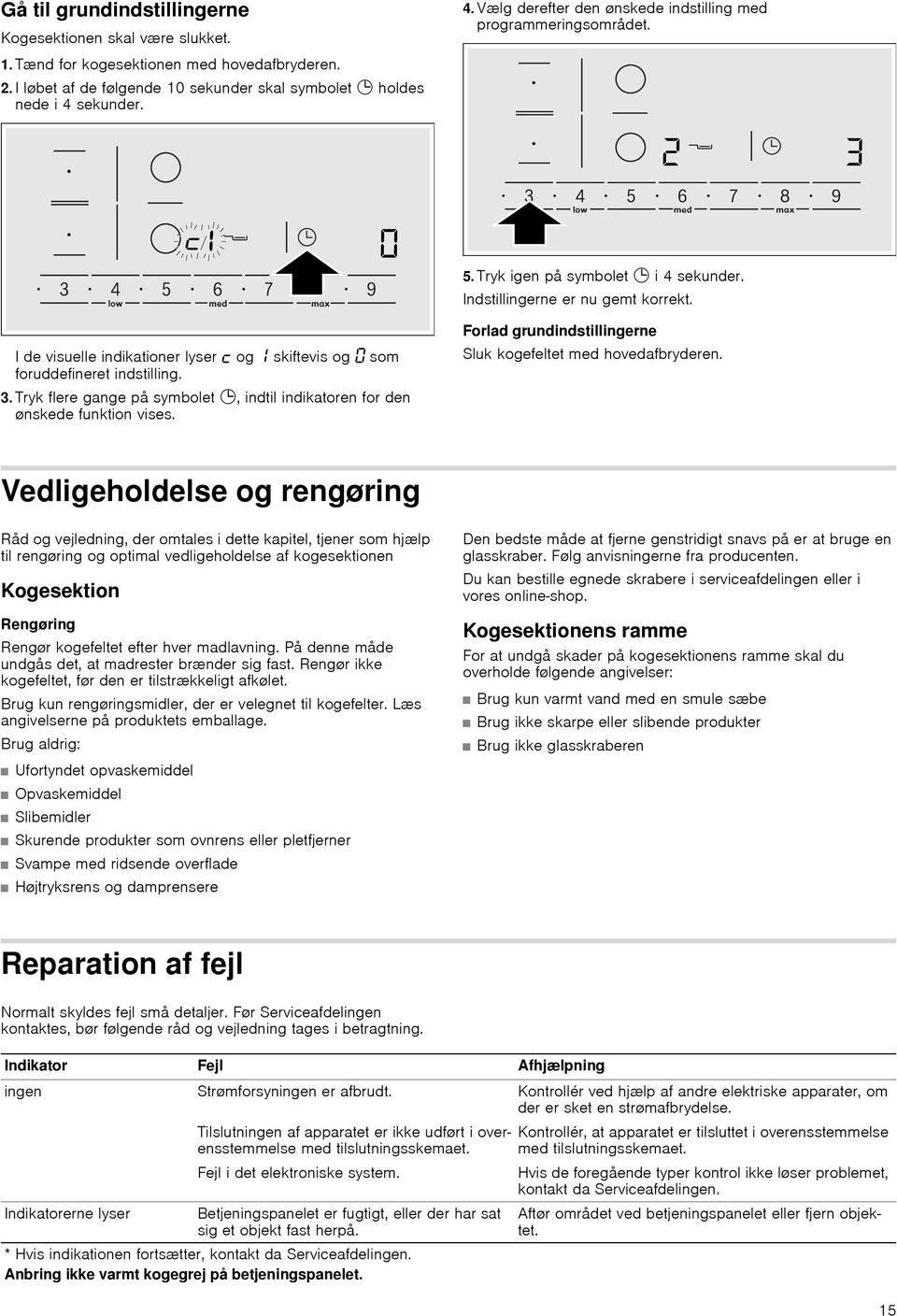 I de visuelle indikationer lyser og skiftevis og som foruddefineret indstilling. 3. Tryk flere gange på symbolet 0, indtil indikatoren for den ønskede funktion vises.