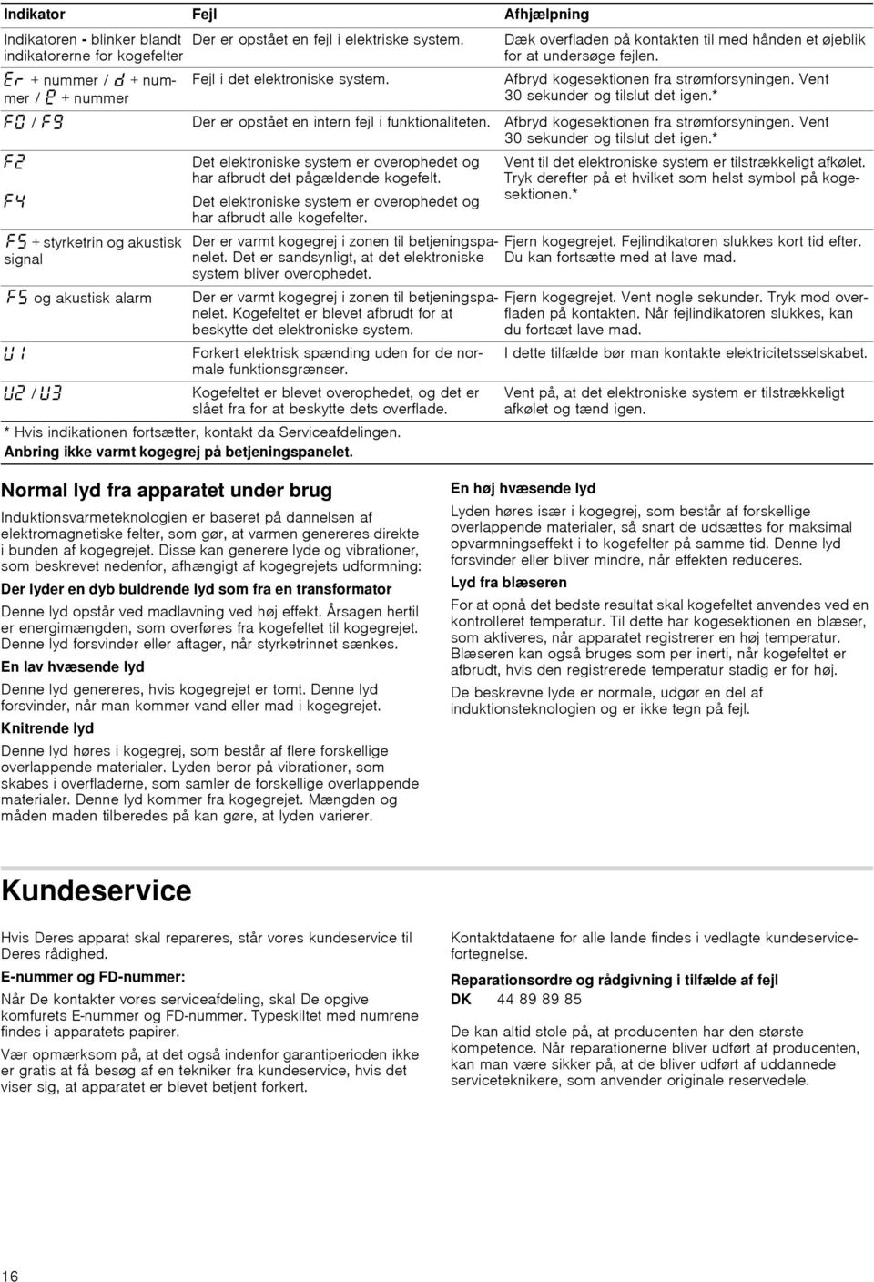 * / Š Der er opstået en intern fejl i funktionaliteten. Afbryd kogesektionen fra strømforsyningen. Vent 30 sekunder og tilslut det igen.