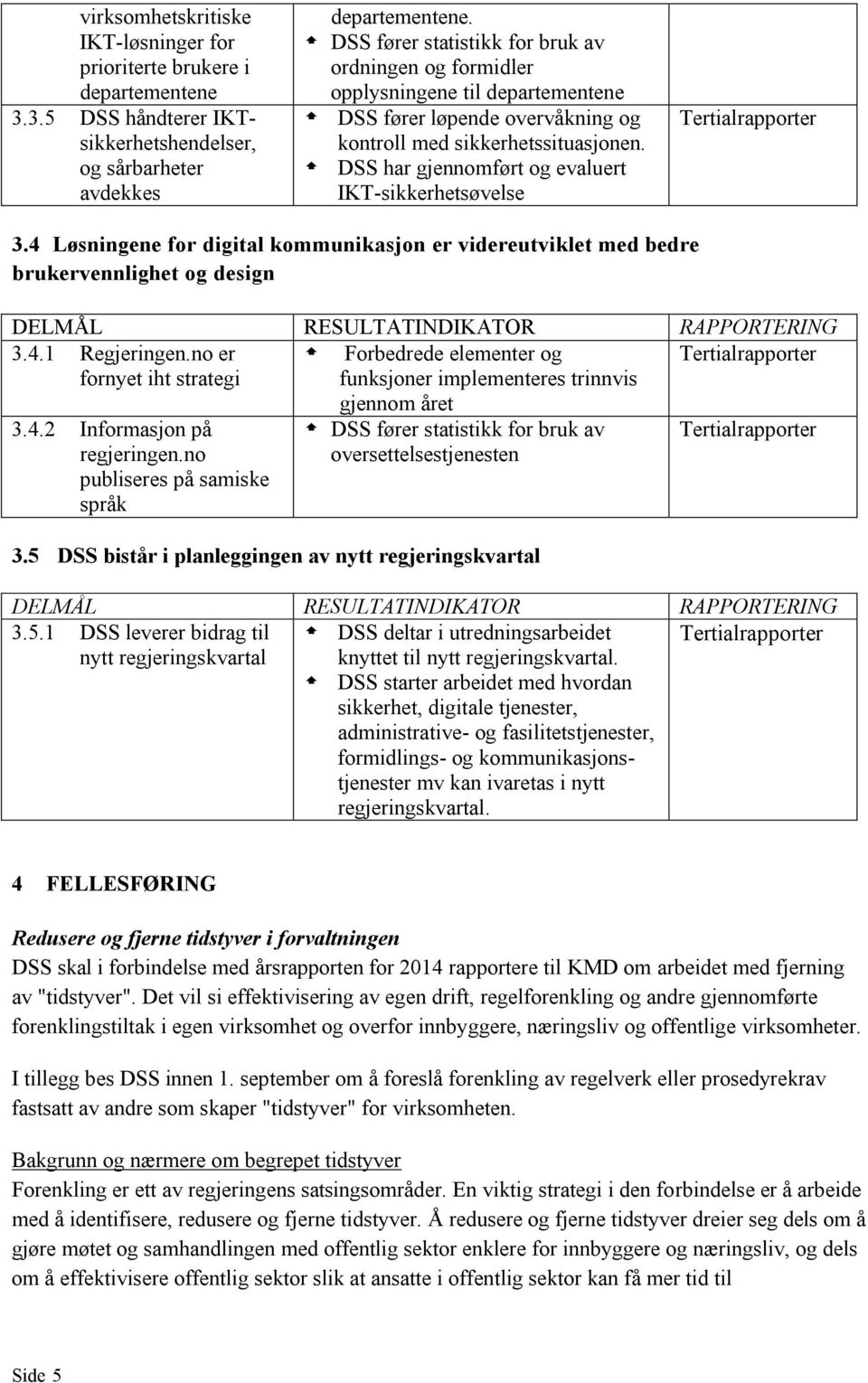 DSS har gjennomført og evaluert IKT-sikkerhetsøvelse 3.4 Løsningene for digital kommunikasjon er videreutviklet med bedre brukervennlighet og design DELMÅL RESULTATINDIKATOR RAPPORTERING 3.4.1 Regjeringen.