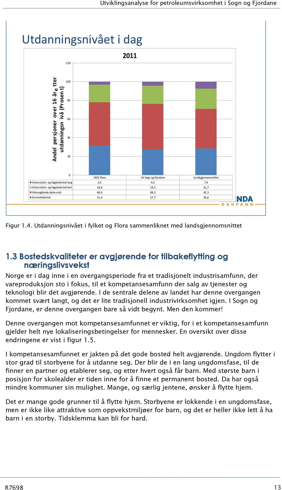 Figur 1.4. Utdanningsnivået i fylket og Flora sammenliknet med landsgjennomsnittet 1.