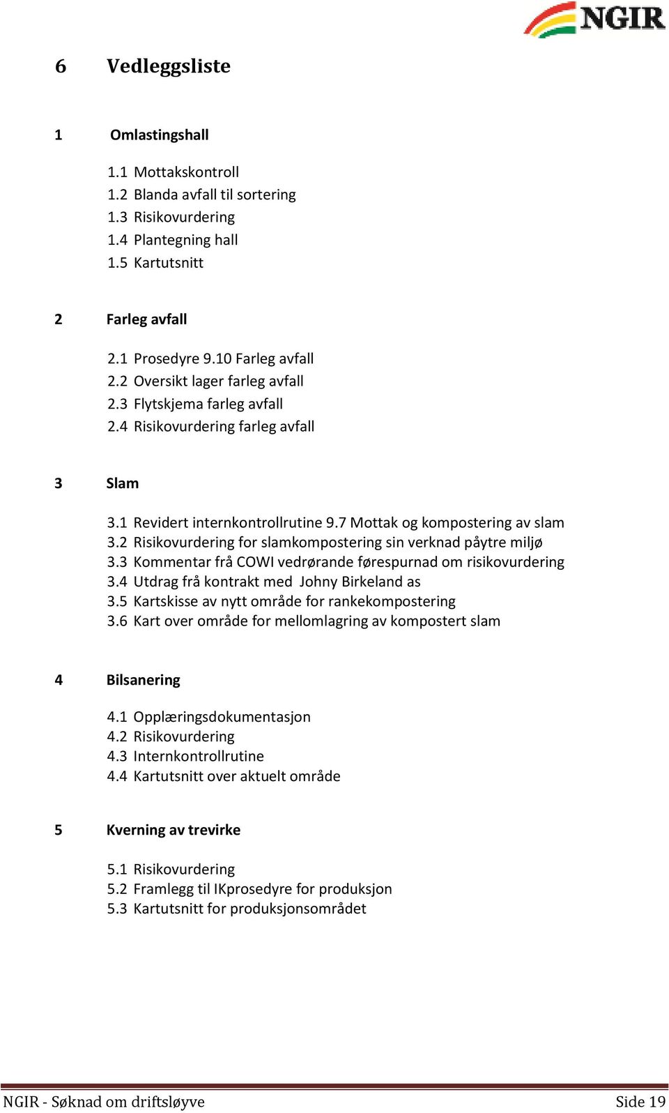 2 Risikovurdering for slamkompostering sin verknad påytre miljø 3.3 Kommentar frå COWI vedrørande førespurnad om risikovurdering 3.4 Utdrag frå kontrakt med Johny Birkeland as 3.