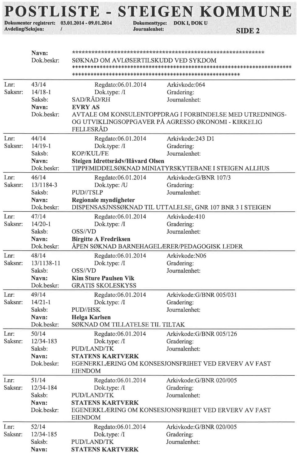 2014 Avdeling/Seksjon: I - STEIGEN KOMMUNE Dokumenttype: DOK I, DOK U Journ lenhet: SIDE 2 SØKNAD OM AVLØSERTILSKUDD VED SYKDOM ********* 43/14 t4/18-r 44114 t4l19-l 46114 t3ltt84-3 47 /14 t4/20-l