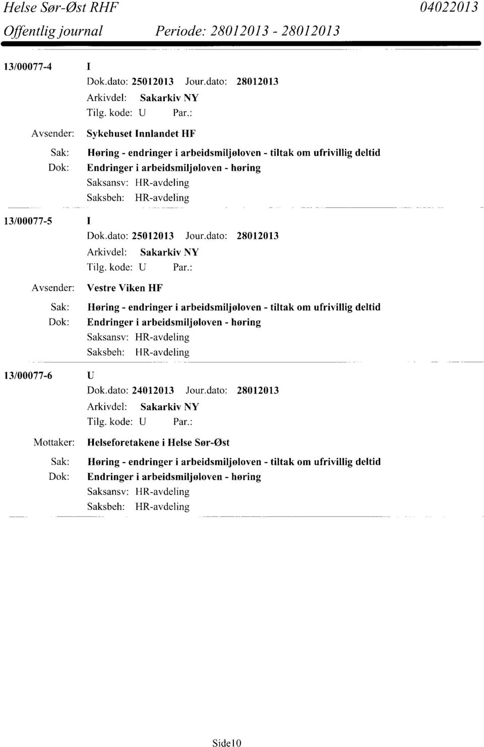 ufrivillig deltid Dok: Endringer i arbeidsmiljøloven - høring Saksansv: HR-avdeling Saksbeh: HR-avdeling 13/00077-6 Dok.dato: 24012013 Jour.