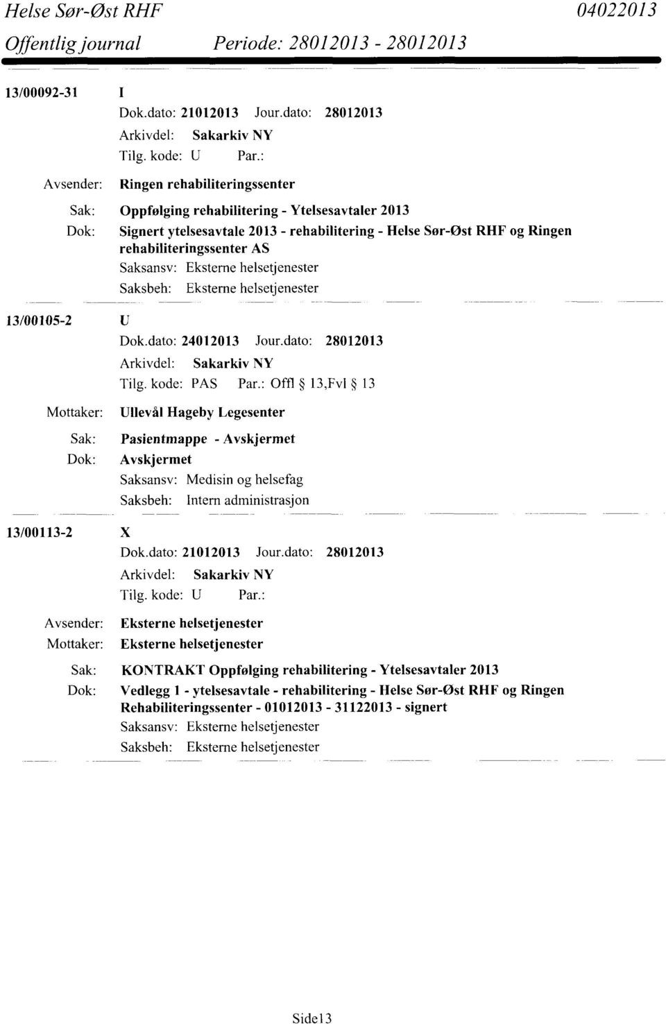 rehabiliteringssenter AS 13/00105-2 Dok.dato: 24012013 Jour.dato: 28012013 Tilg. kode: PAS Par.