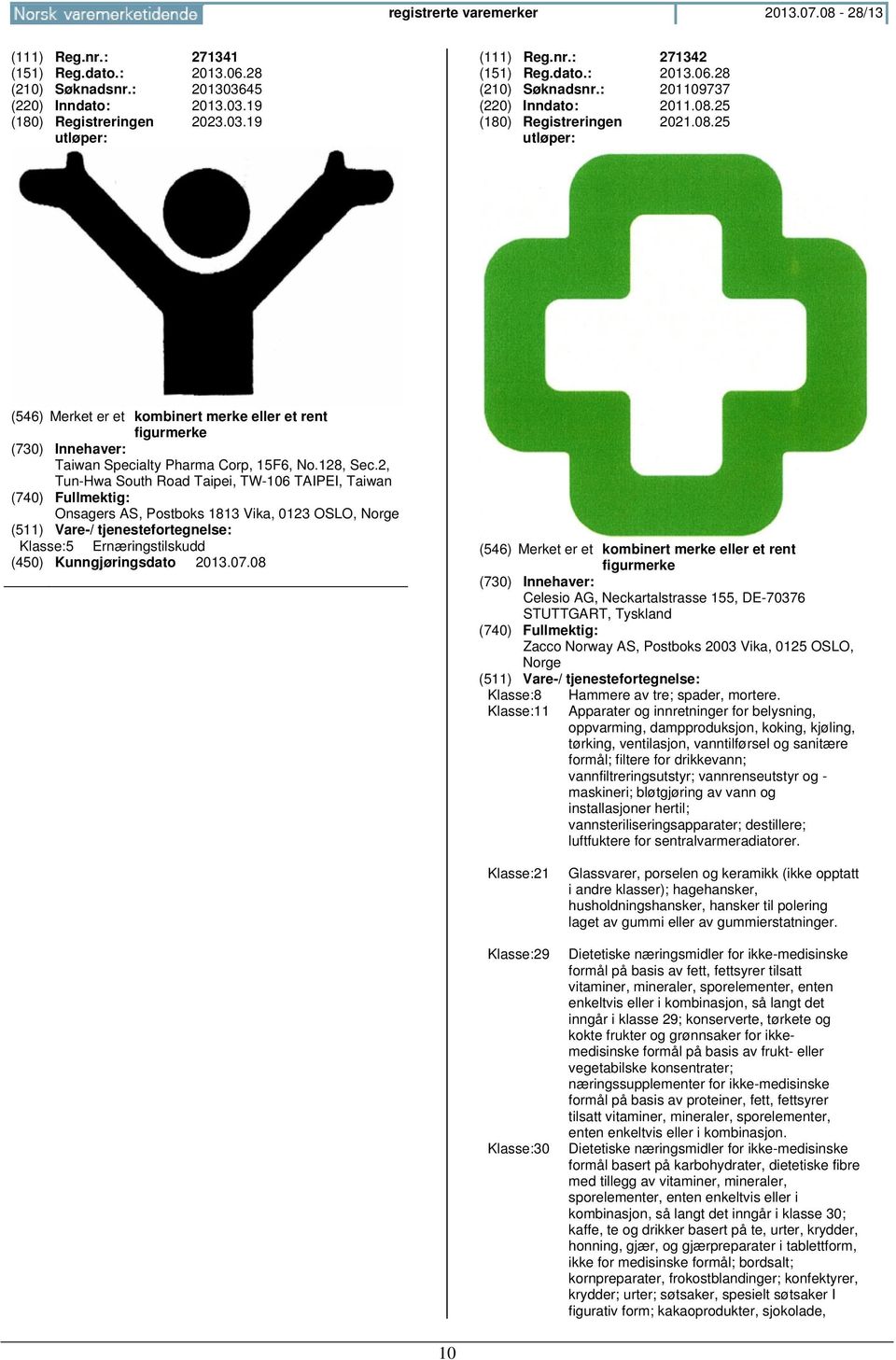 2, Tun-Hwa South Road Taipei, TW-106 TAIPEI, Taiwan Onsagers AS, Postboks 1813 Vika, 0123 OSLO, Klasse:5 Ernæringstilskudd Celesio AG, Neckartalstrasse 155, DE-70376 STUTTGART, Tyskland Zacco Norway