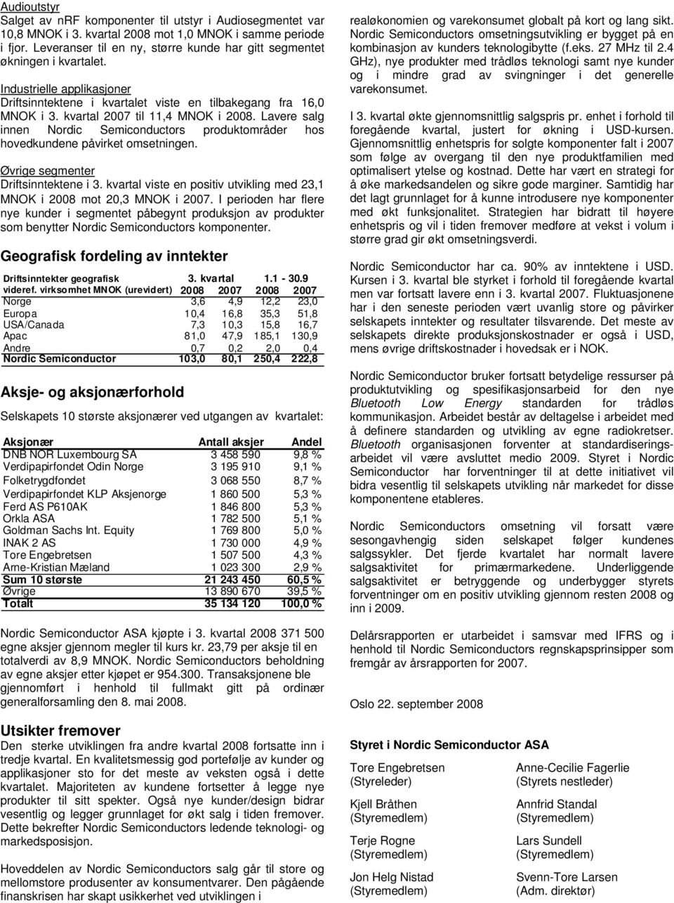 kvartal 2007 til 11,4 MNOK i 2008. Lavere salg innen Nordic Semiconductors produktområder hos hovedkundene påvirket omsetningen. Øvrige segmenter Driftsinntektene i 3.