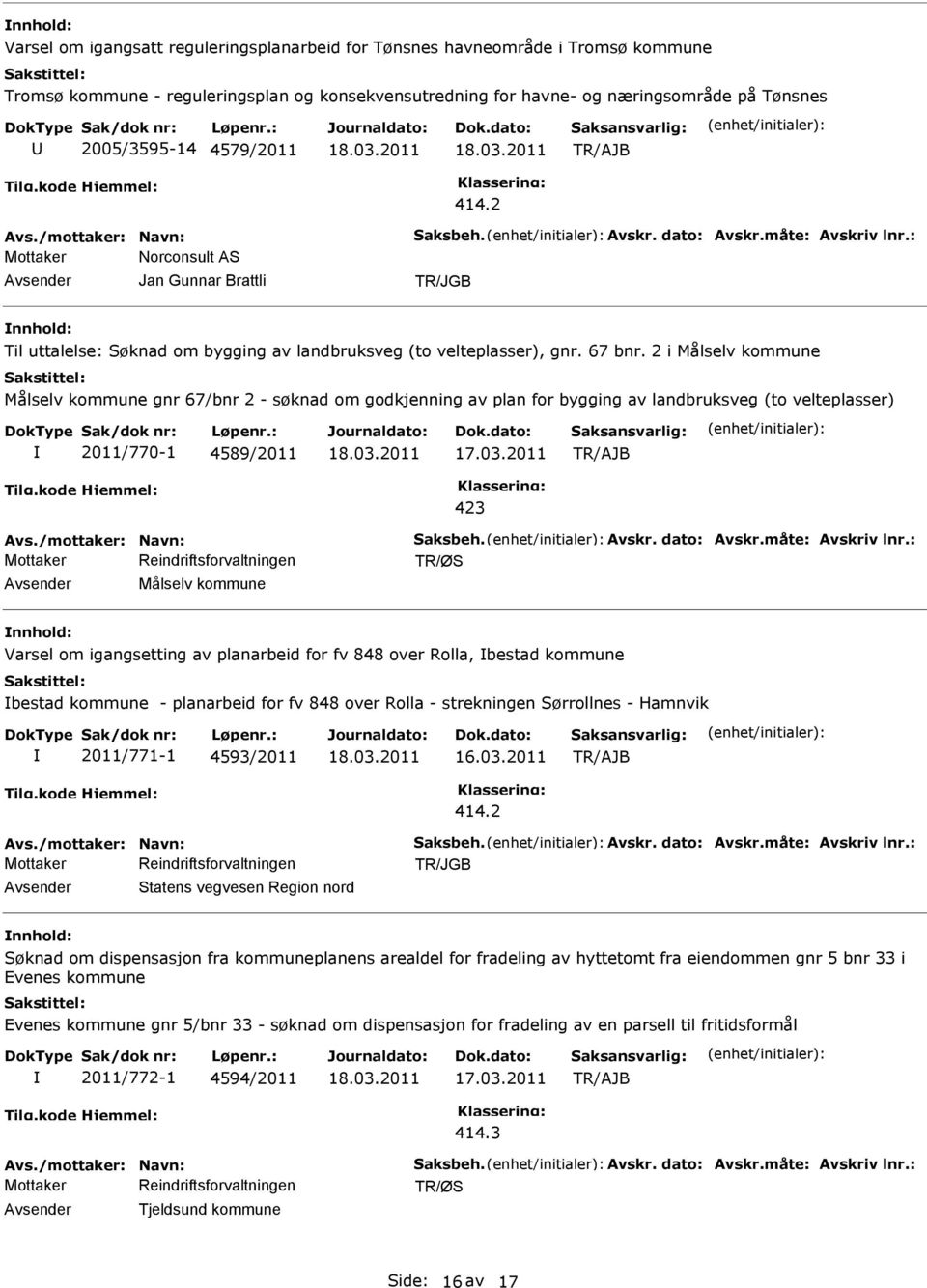 2 i Målselv kommune Målselv kommune gnr 67/bnr 2 - søknad om godkjenning av plan for bygging av landbruksveg (to velteplasser) 2011/770-1 4589/2011 423 Målselv kommune Varsel om igangsetting av