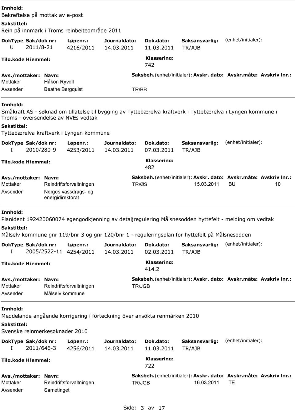 Tyttebærelva kraftverk i Lyngen kommune 2010/280-9 4253/2011 07.03.