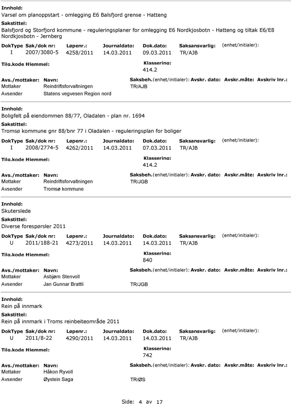 1694 Tromsø kommune gnr 88/bnr 77 i Oladalen - reguleringsplan for boliger 2008/2774-5 4262/2011 07.03.