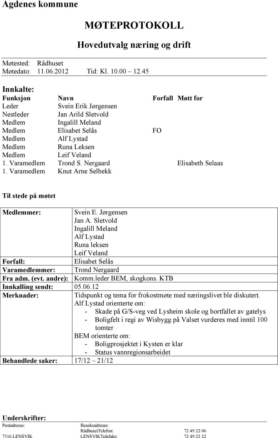 Veland 1. Varamedlem Trond S. Nergaard Elisabeth Selaas 1. Varamedlem Knut Arne Selbekk Til stede på møtet Medlemmer: Svein E. Jørgensen Jan A.