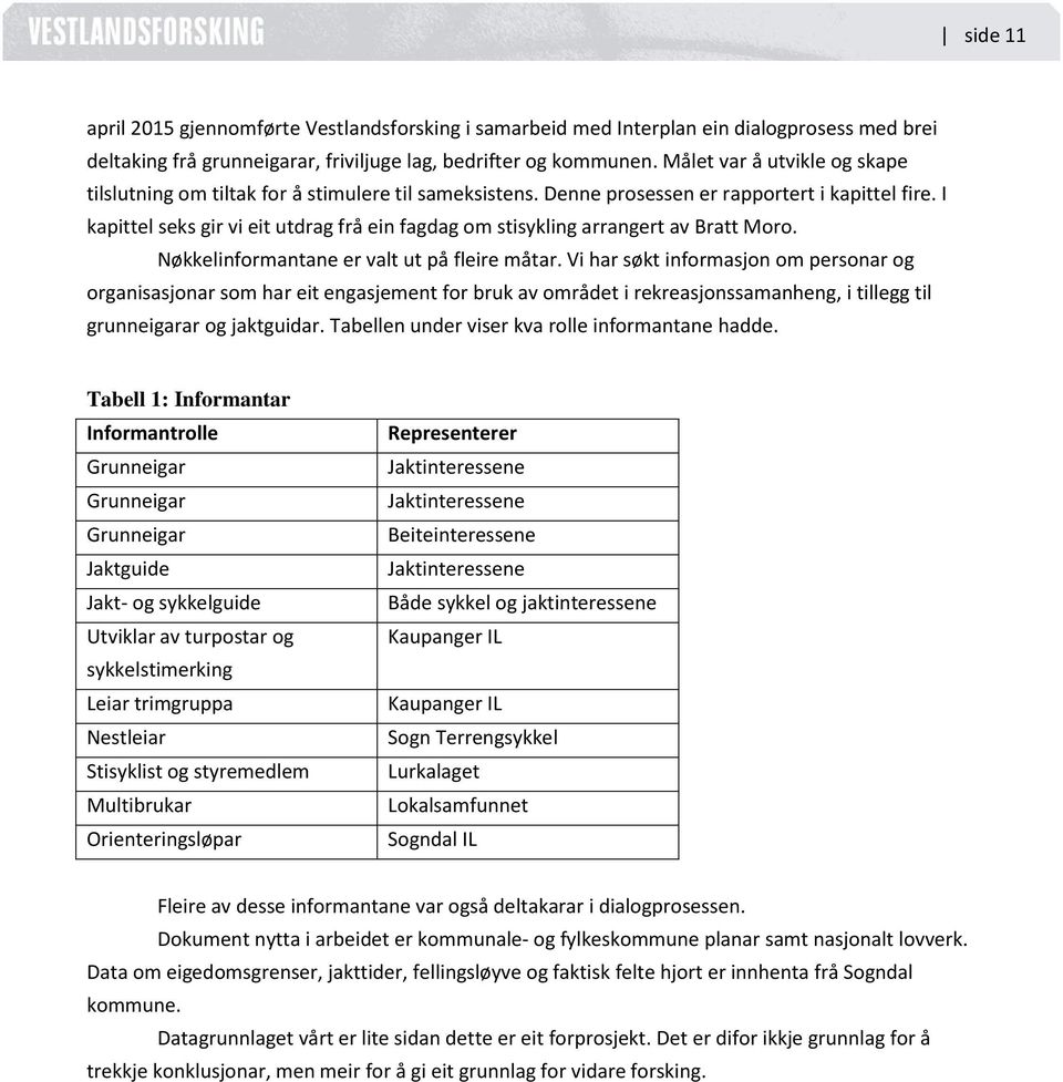 I kapittel seks gir vi eit utdrag frå ein fagdag om stisykling arrangert av Bratt Moro. Nøkkelinformantane er valt ut på fleire måtar.