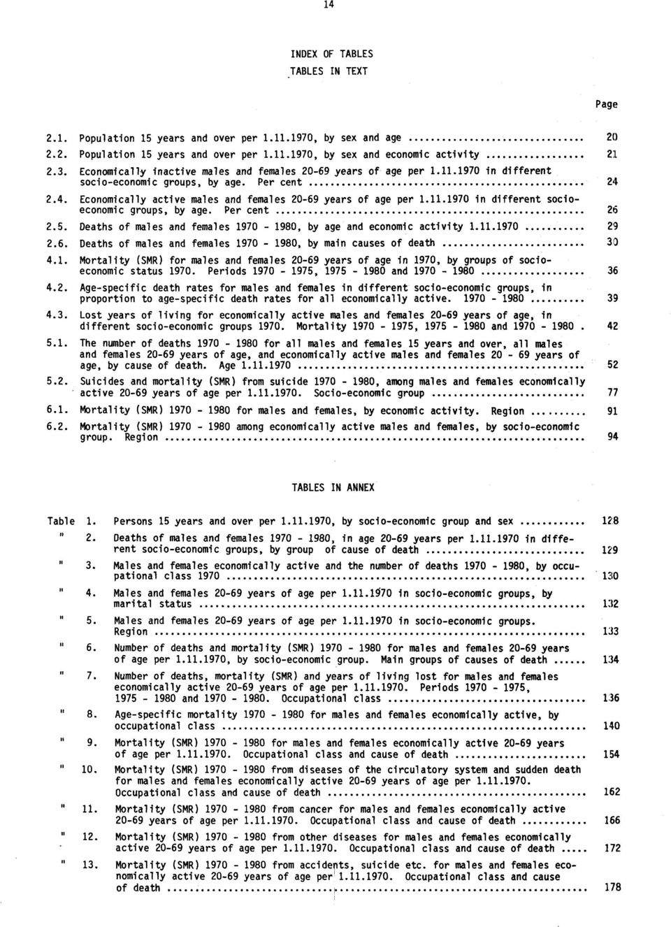 Per cent 26 2.5. Deaths of males and females 1970-1980, by age and economic activity 1.11.1970 29 2.6. Deaths of males and females 1970-1980, by main causes of death 30 4.1. Mortality (SMR) for males and females 20-69 years of age in 1970, by groups of socioeconomic status 1970.