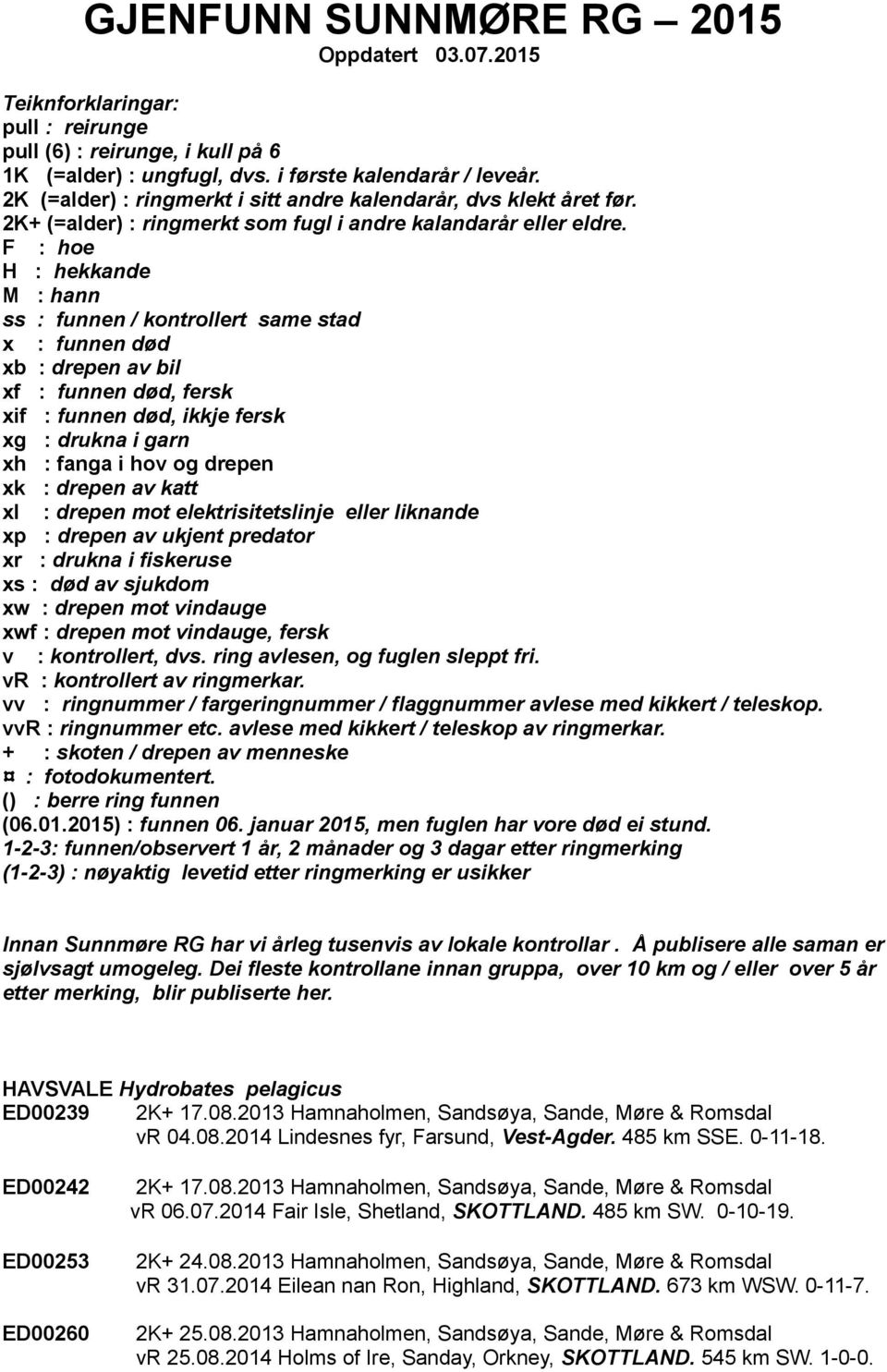 F : hoe H : hekkande M : hann ss : funnen / kontrollert same stad x : funnen død xb : drepen av bil xf : funnen død, fersk xif : funnen død, ikkje fersk xg : drukna i garn xh : fanga i hov og drepen