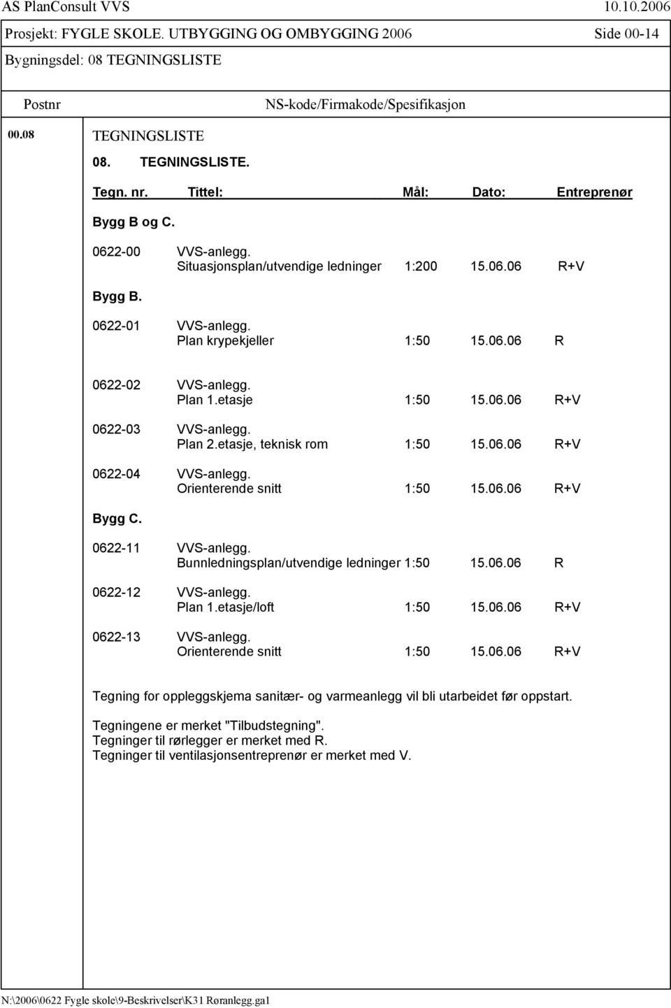 Plan 1.etasje 1:50 15.06.06 R+V 0622-03 VVS-anlegg. Plan 2.etasje, teknisk rom 1:50 15.06.06 R+V 0622-04 VVS-anlegg. Orienterende snitt 1:50 15.06.06 R+V Bygg C. 0622-11 VVS-anlegg.