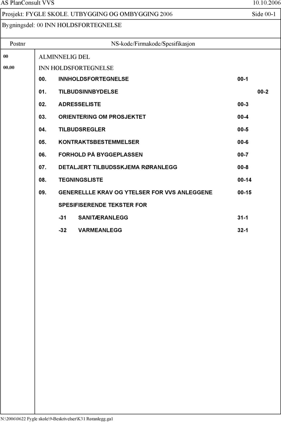 00 INN HOLDSFORTEGNELSE 00. INNHOLDSFORTEGNELSE 00-1 01. TILBUDSINNBYDELSE 00-2 02. ADRESSELISTE 00-3 03. ORIENTERING OM PROSJEKTET 00-4 04.