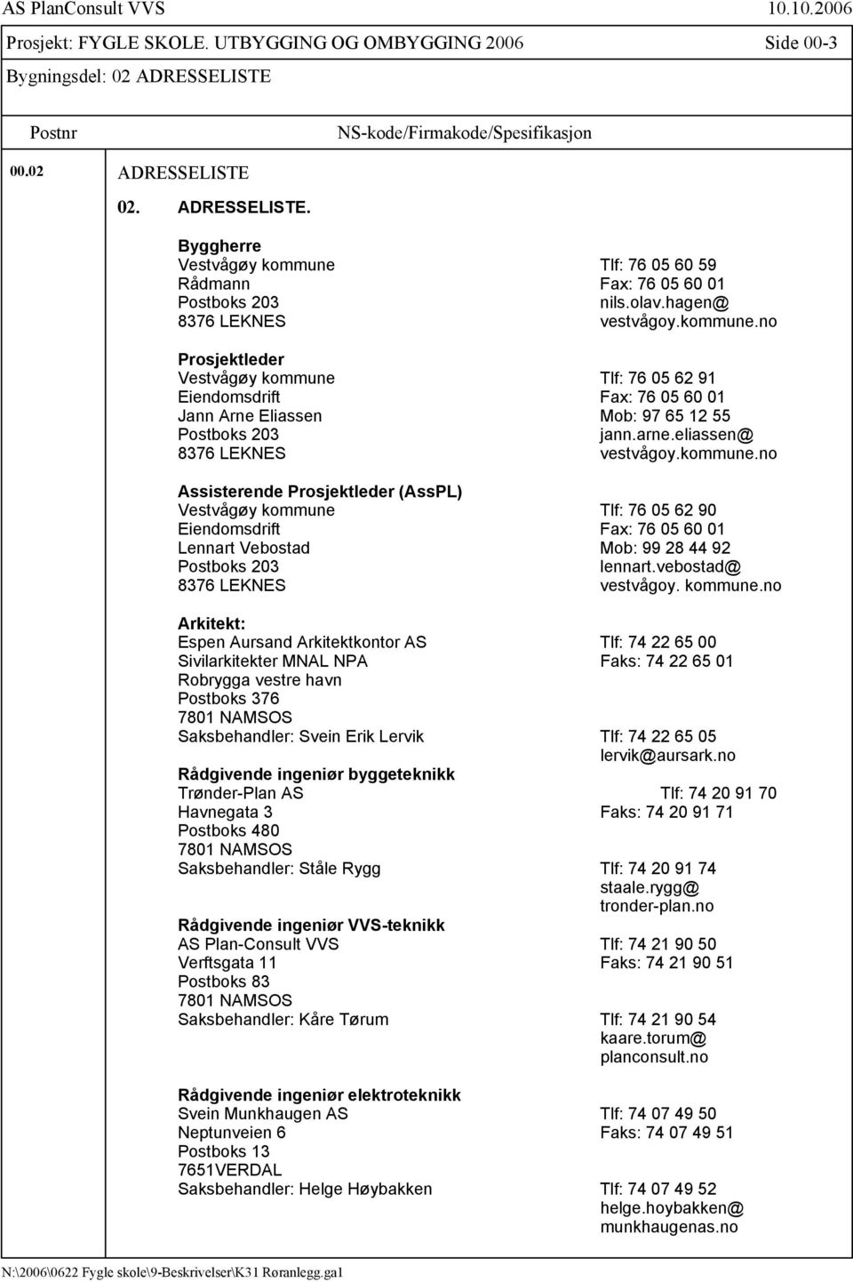 eliassen@ 8376 LEKNES vestvågoy.kommune.no Assisterende Prosjektleder (AssPL) Vestvågøy kommune Tlf: 76 05 62 90 Eiendomsdrift Fax: 76 05 60 01 Lennart Vebostad Mob: 99 28 44 92 Postboks 203 lennart.