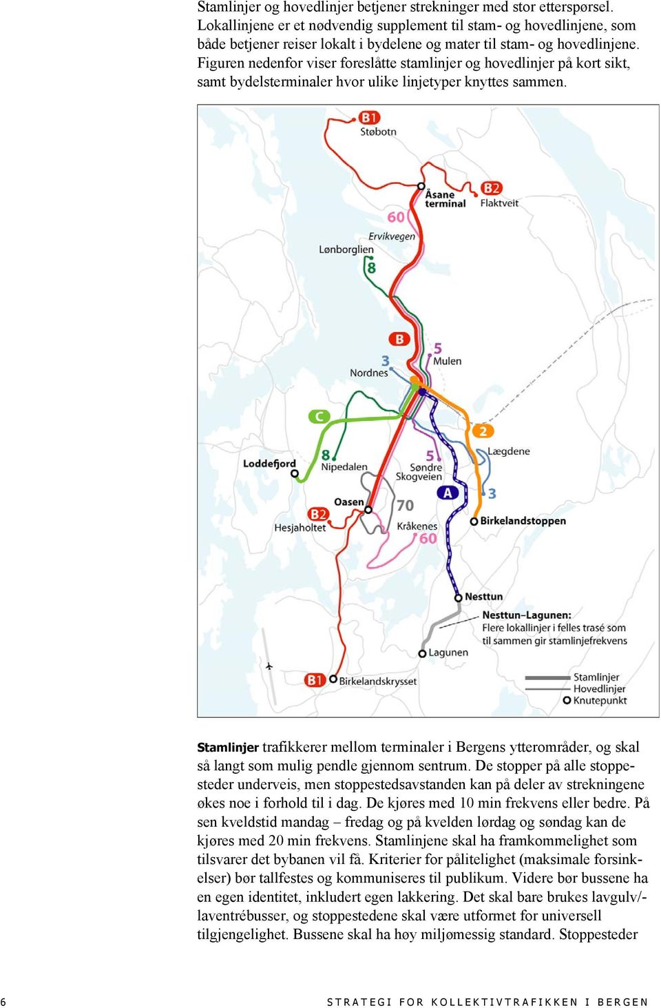 Figuren nedenfor viser foreslåtte stamlinjer og hovedlinjer på kort sikt, samt bydelsterminaler hvor ulike linjetyper knyttes sammen.