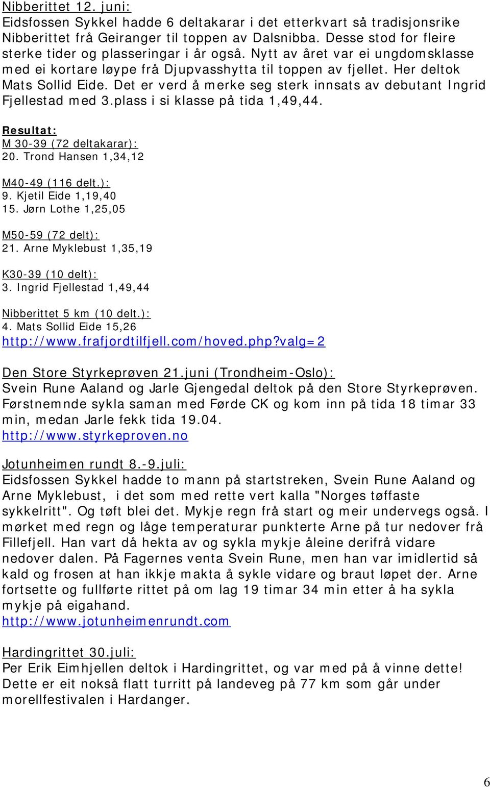 Det er verd å merke seg sterk innsats av debutant Ingrid Fjellestad med 3.plass i si klasse på tida 1,49,44. Resultat: M 30-39 (72 deltakarar): 20. Trond Hansen 1,34,12 M40-49 (116 delt.): 9.