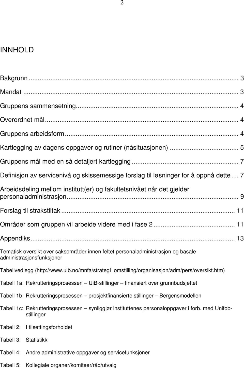 .. 7 Arbeidsdeling mellom institutt(er) og fakultetsnivået når det gjelder personaladministrasjon... 9 Forslag til strakstiltak... 11 Områder som gruppen vil arbeide videre med i fase 2... 11 Appendiks.