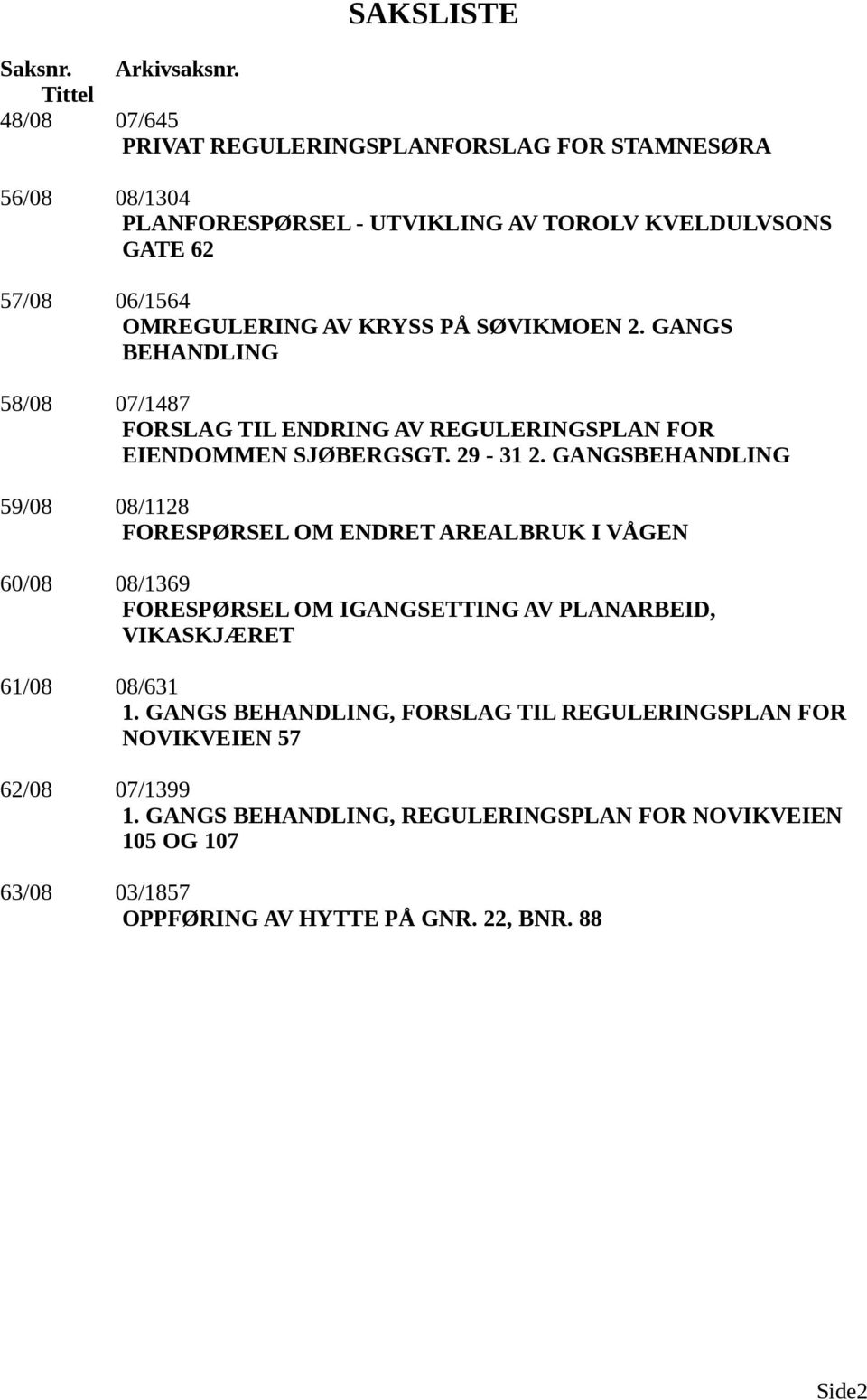 KRYSS PÅ SØIKMOEN 2. GANGS BEHANDLING 58/08 07/1487 FORSLAG TIL ENDRING A REGULERINGSPLAN FOR EIENDOMMEN SJØBERGSGT. 29-31 2.