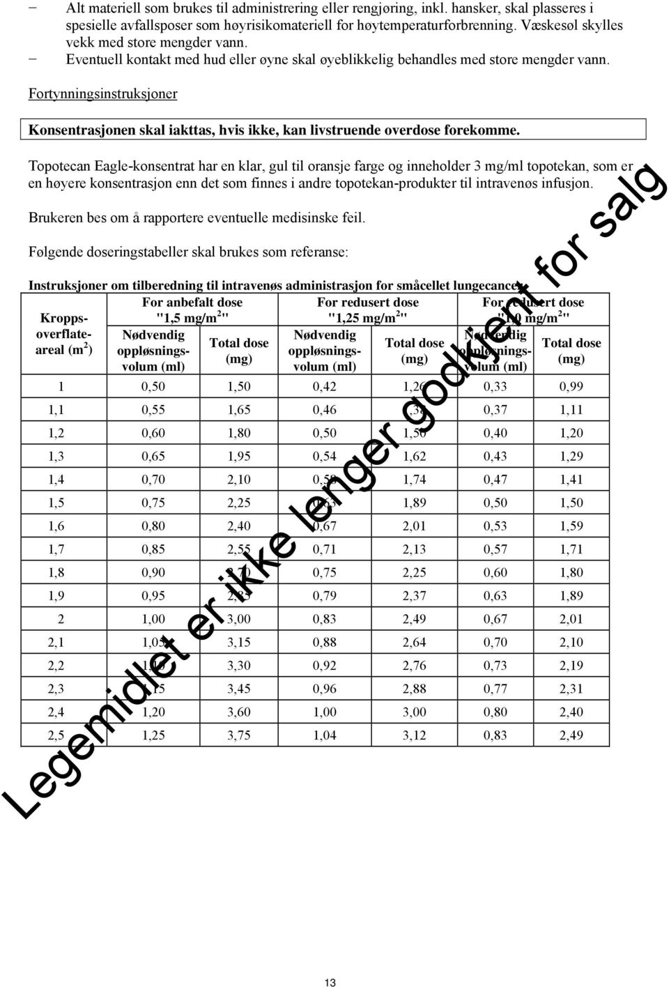 Fortynningsinstruksjoner Konsentrasjonen skal iakttas, hvis ikke, kan livstruende overdose forekomme.