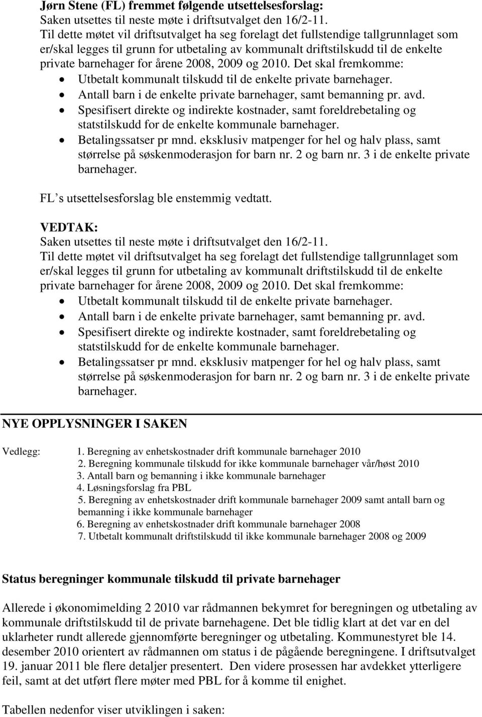 2008, 2009 og 2010. Det skal fremkomme: Utbetalt kommunalt tilskudd til de enkelte private barnehager. Antall barn i de enkelte private barnehager, samt bemanning pr. avd.