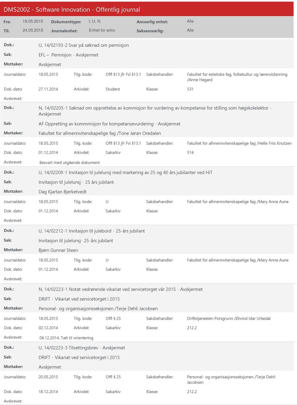 Fakultet for allmennvitenskapelige fag /Tone Jøran Oredalen Journaldato: Tilg. kode: Fakultet for allmennvitenskapelige fag /Helle Friis Knutzen Dok. dato: 01.12.