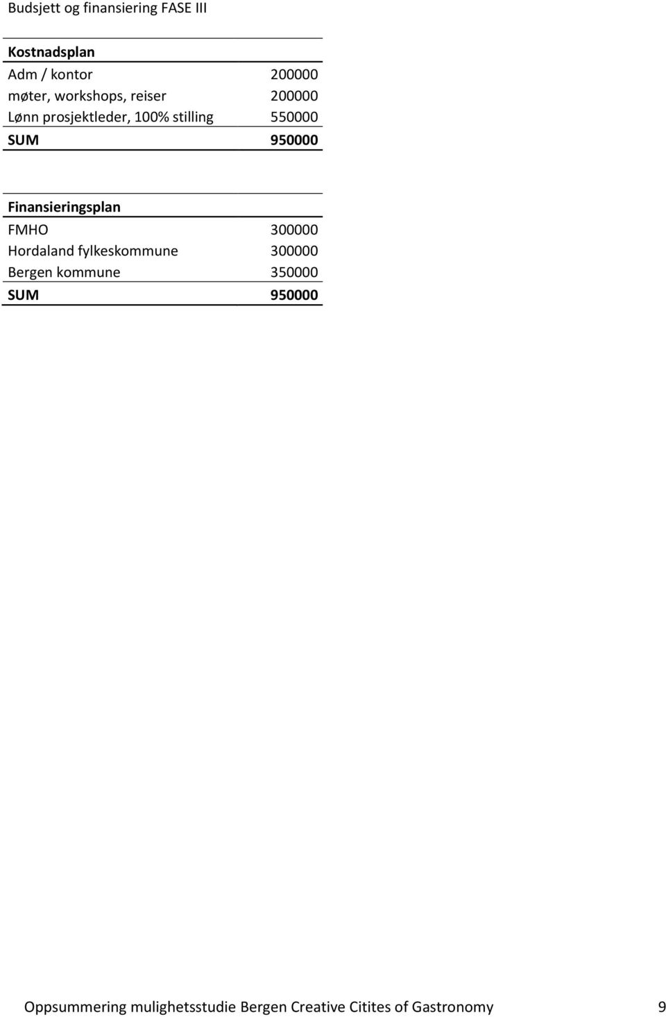 Finansieringsplan FMHO 300000 Hordaland fylkeskommune 300000 Bergen kommune