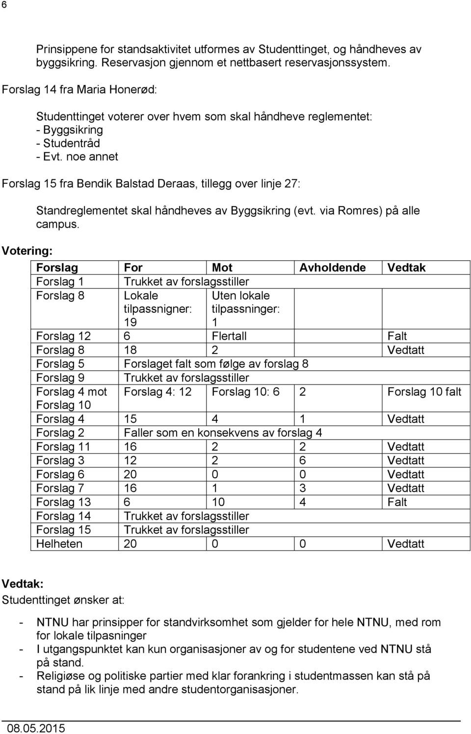 noe annet Forslag 15 fra Bendik Balstad Deraas, tillegg over linje 27: Standreglementet skal håndheves av Byggsikring (evt. via Romres) på alle campus.