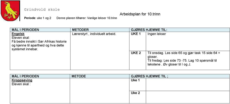 UKE 1 Ingen lekser UKE 2 Til onsdag. Les side 65 og gjør task 15 side 64 + gloser.