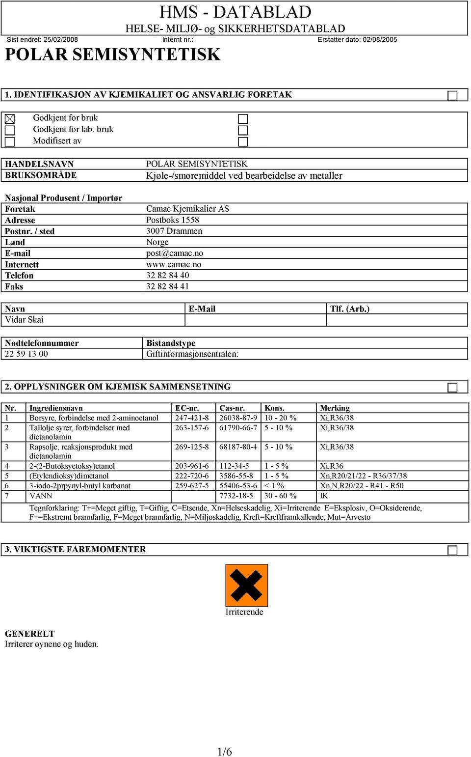 / sted 3007 Drammen Land Norge E-mail post@camac.no Internett www.camac.no Telefon 32 82 84 40 Faks 32 82 84 41 Navn E-Mail Tlf. (Arb.