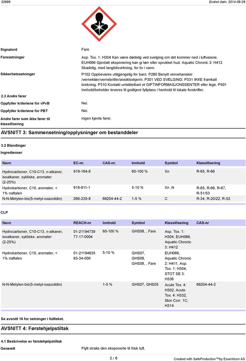 Aquatic Chronic 3: H412 Skadelig, med langtidsvirkning, for liv i vann. P102 Oppbevares utilgjengelig for barn. P280 Benytt vernehansker /verneklær/vernebriller/ansiktsskjerm.