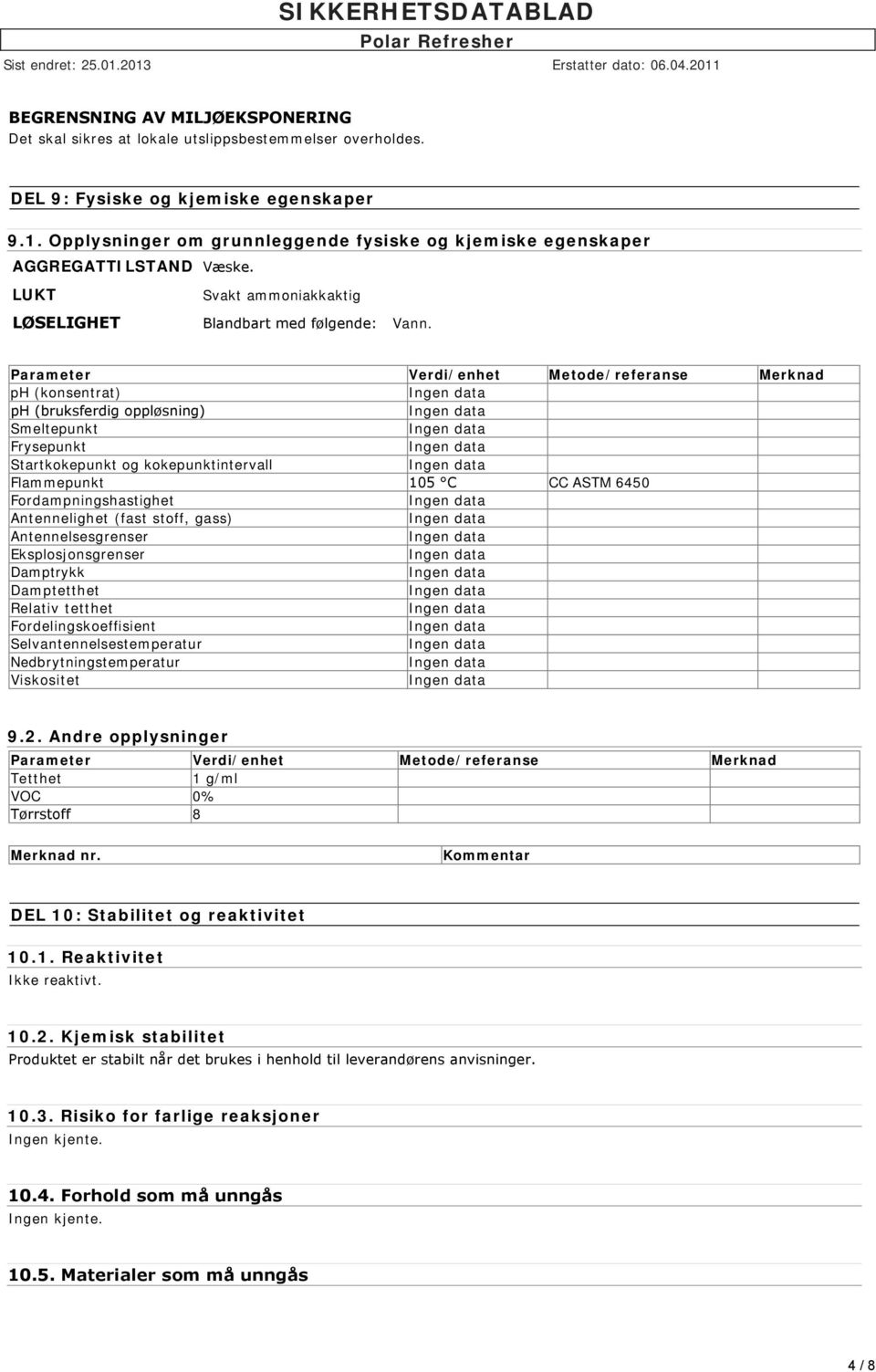 Parameter Verdi/enhet Metode/referanse Merknad ph (konsentrat) ph (bruksferdig oppløsning) Smeltepunkt Frysepunkt Startkokepunkt og kokepunktintervall Flammepunkt 105 C CC ASTM 6450