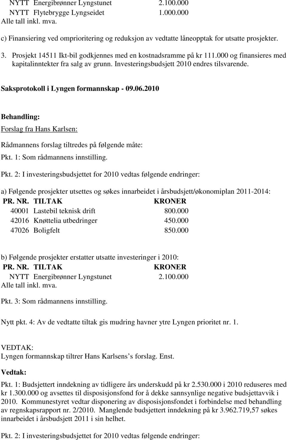 Forslag fra Hans Karlsen: Rådmannens forslag tiltredes på følgende måte: Pkt.