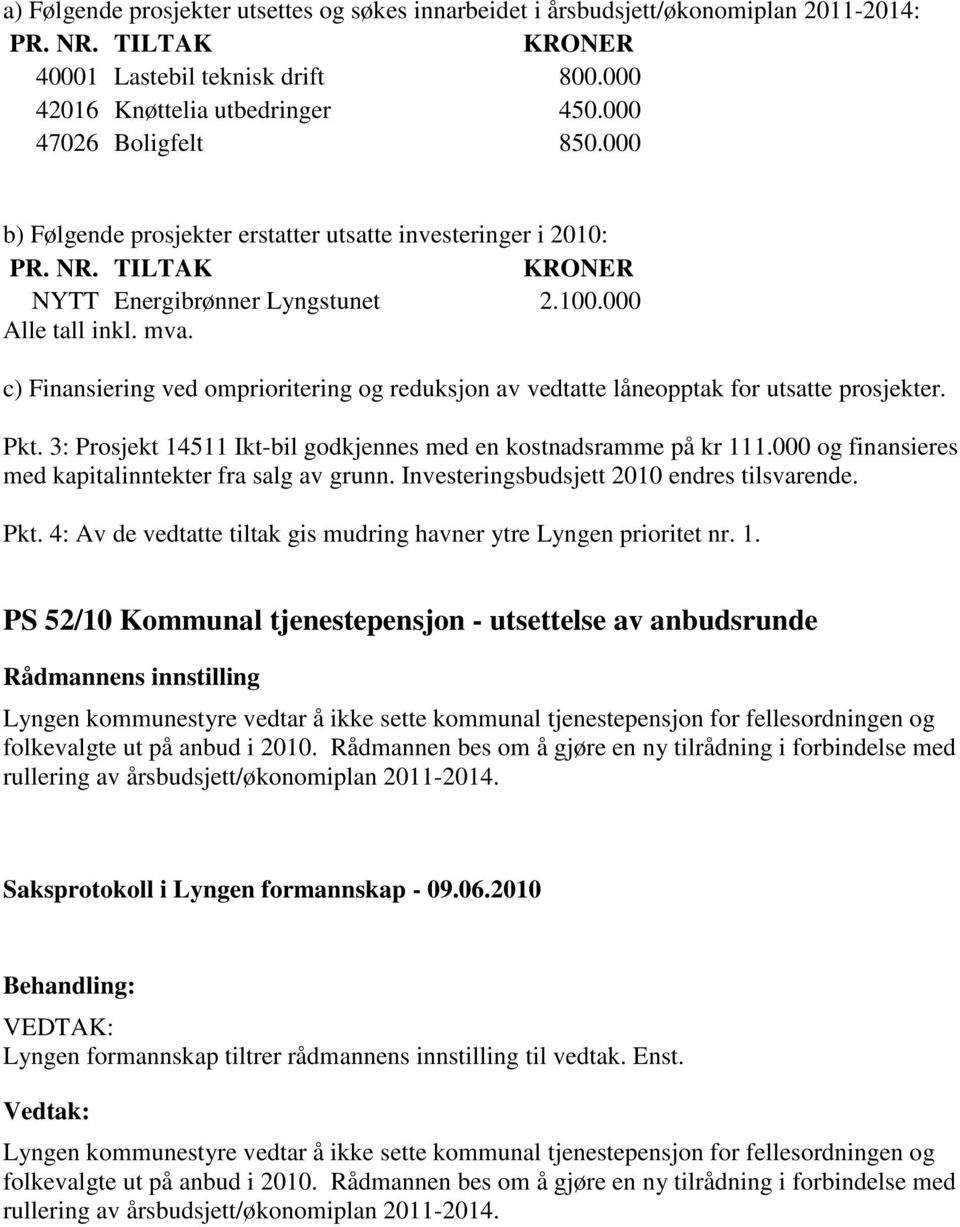 c) Finansiering ved omprioritering og reduksjon av vedtatte låneopptak for utsatte prosjekter. Pkt. 3: Prosjekt 14511 Ikt-bil godkjennes med en kostnadsramme på kr 111.