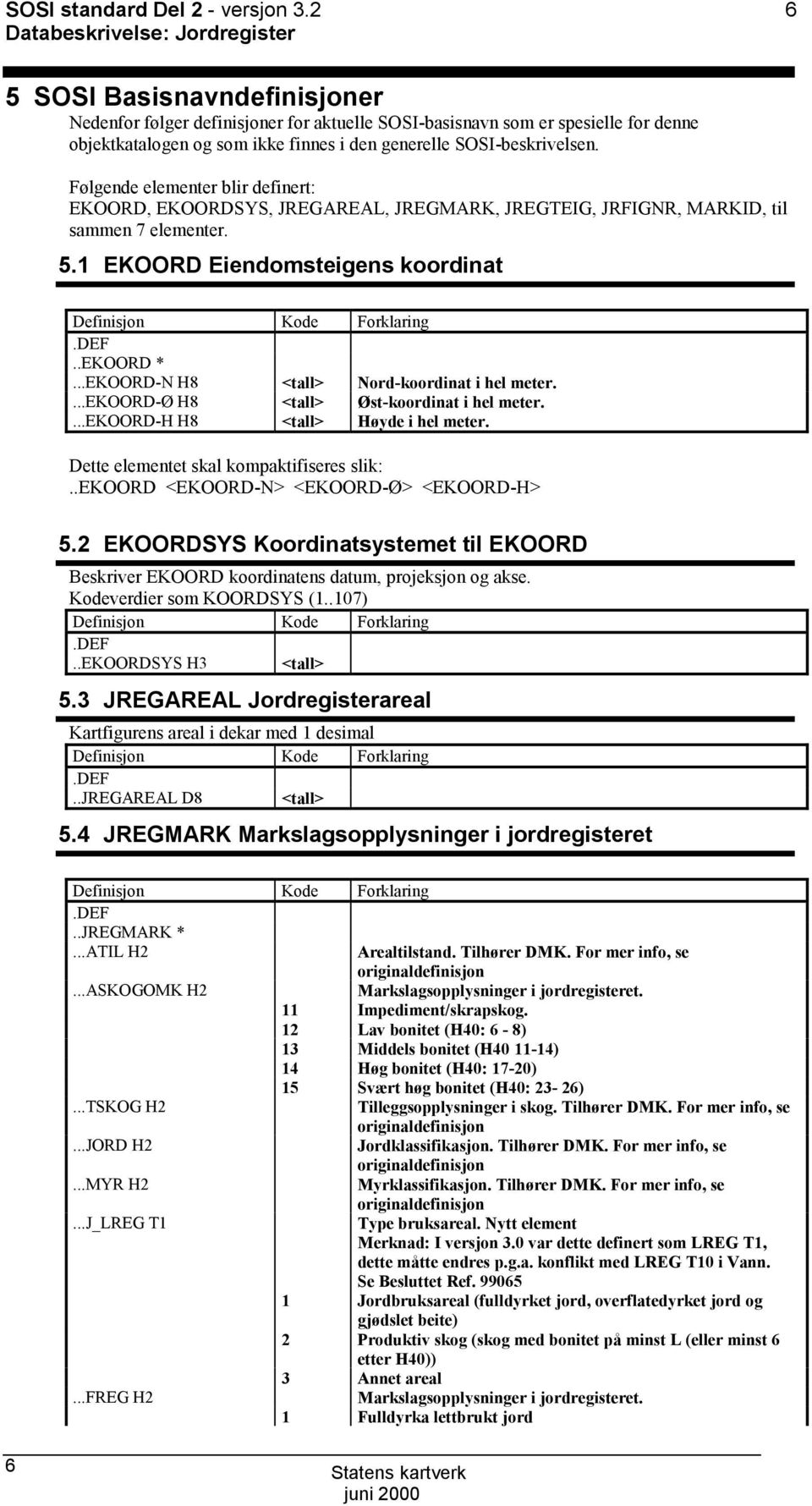 Følgende elementer blir definert: EKRD, EKRDSYS, JREGAREAL, JREGMARK, JREGTEIG, JRFIGNR, MARKID, til sammen 7 elementer. 5.1 EKRD Eiendomsteigens koordinat..ekrd *.