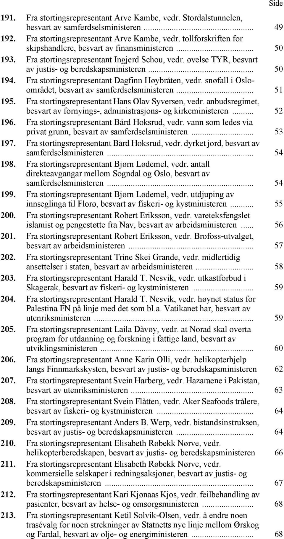 snøfall i Osloområdet, besvart av samferdselsministeren... 51 195. Fra stortingsrepresentant Hans Olav Syversen, vedr. anbudsregimet, besvart av fornyings-, administrasjons- og kirkeministeren.