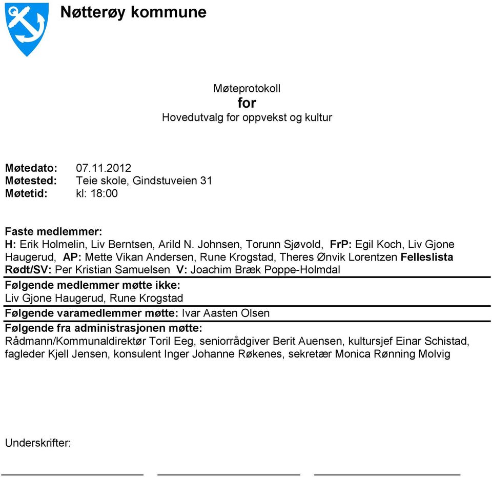 Johnsen, Torunn Sjøvold, FrP: Egil Koch, Liv Gjone Haugerud, AP: Mette Vikan Andersen, Rune Krogstad, Theres Ønvik Lorentzen Felleslista Rødt/SV: Per Kristian Samuelsen V: Joachim Bræk