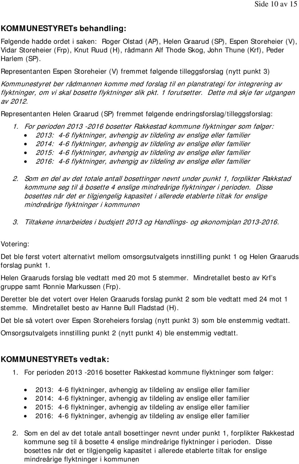 bosette flyktninger slik pkt. 1 forutsetter. Dette må skje før utgangen av 2012. Representanten Helen Graarud (SP) fremmet følgende endringsforslag/tilleggsforslag: 1.