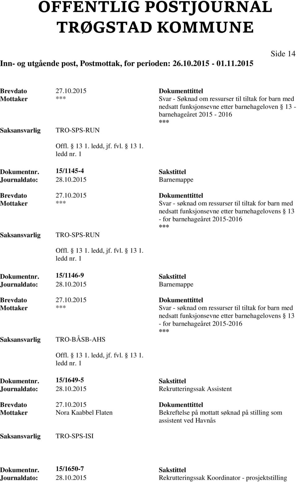 2015 Barnemappe Mottaker Svar - søknad om ressurser til tiltak for barn med nedsatt funksjonsevne etter barnehagelovens 13 - for barnehageåret 2015-2016 TRO-SPS-RUN Dokumentnr.