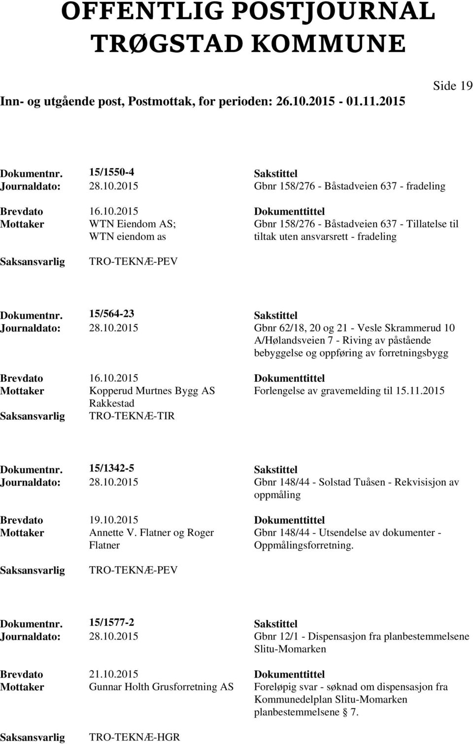 2015 Dokumenttittel Mottaker WTN Eiendom AS; Gbnr 158/276 - Båstadveien 637 - Tillatelse til WTN eiendom as tiltak uten ansvarsrett - fradeling TRO-TEKNÆ-PEV Dokumentnr.