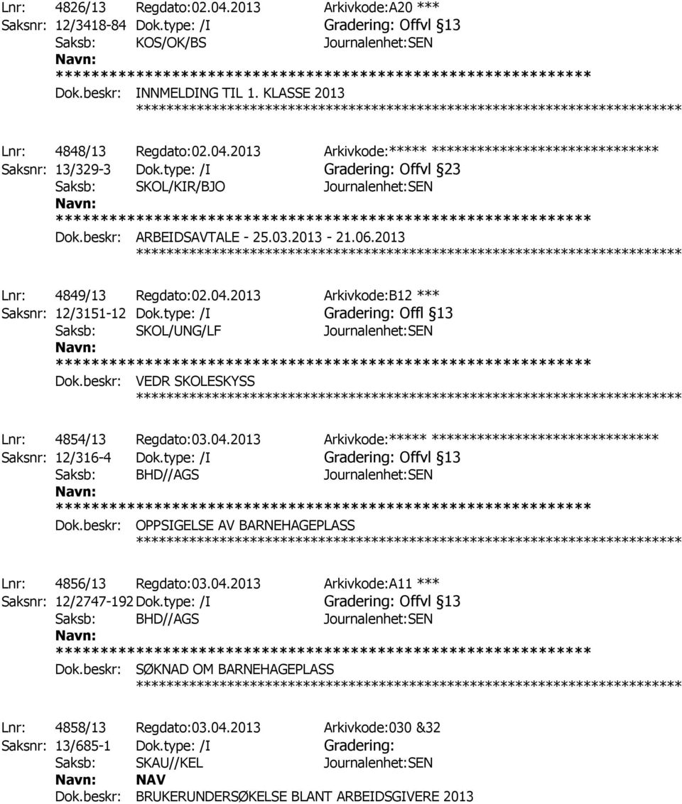 beskr: ARBEIDSAVTALE - 25.03.2013-21.06.2013 ************ Lnr: 4849/13 Regdato:02.04.2013 Arkivkode:B12 *** Saksnr: 12/3151-12 Dok.type: /I Gradering: Offl 13 Saksb: SKOL/UNG/LF Journalenhet:SEN Dok.