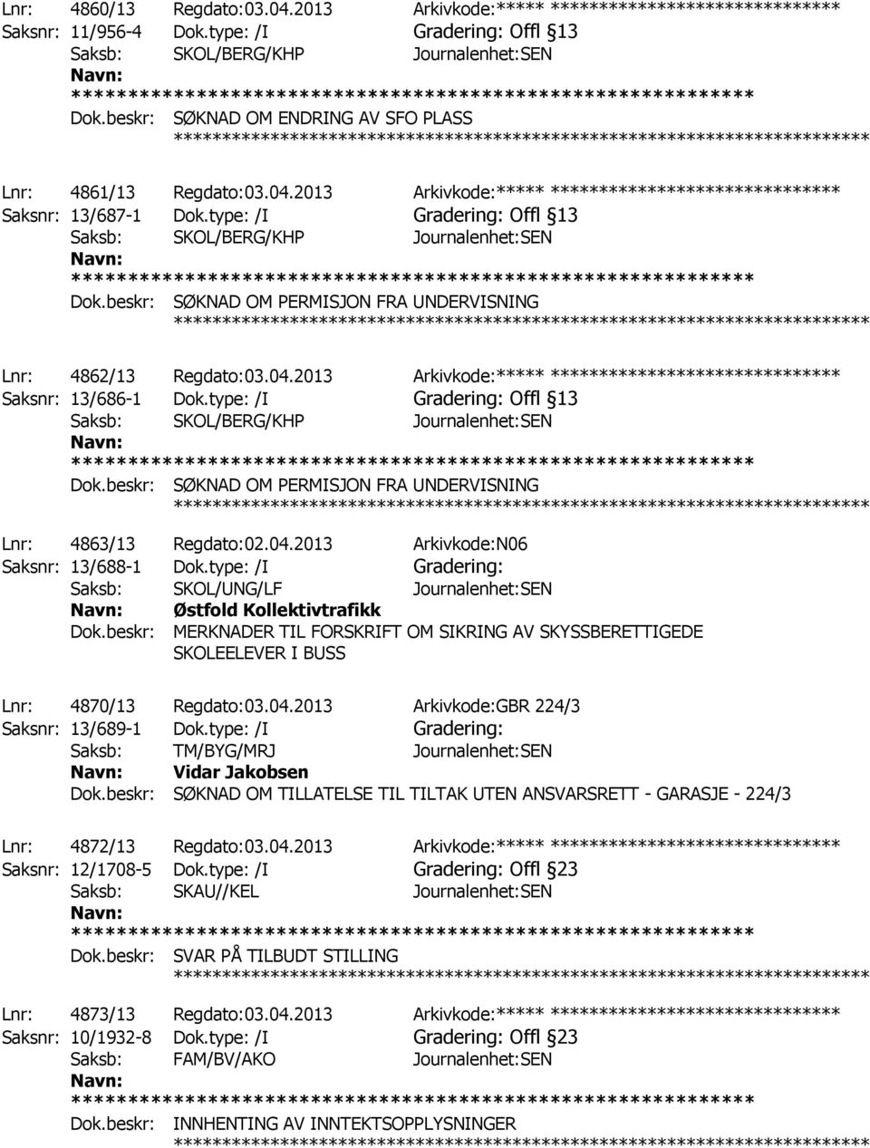 beskr: SØKNAD OM PERMISJON FRA UNDERVISNING ************ Lnr: 4862/13 Regdato:03.04.2013 Arkivkode:***** ****************************** Saksnr: 13/686-1 Dok.type: /I Gradering: Offl 13 Dok.