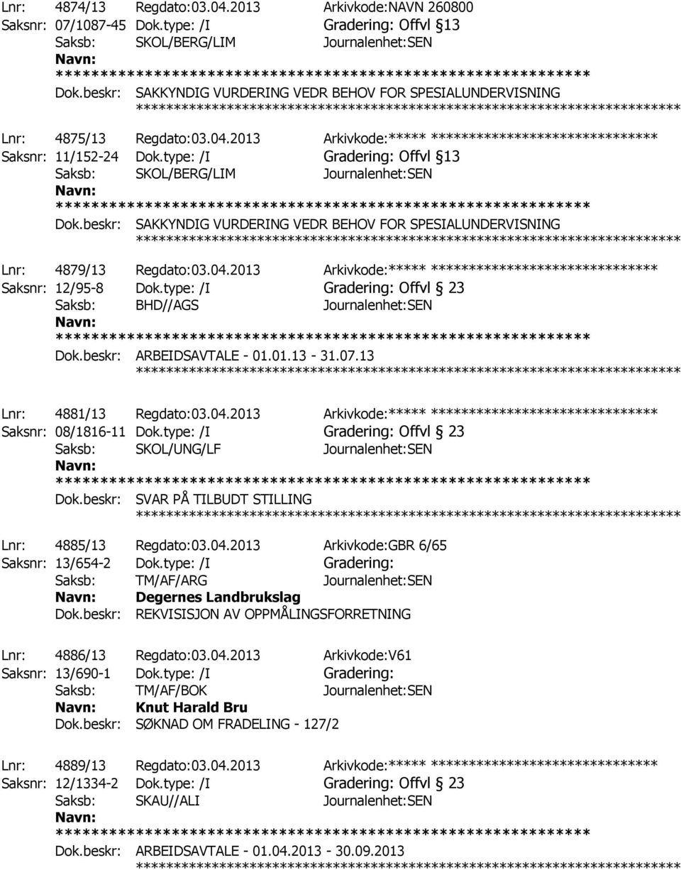 type: /I Gradering: Offvl 13 Saksb: SKOL/BERG/LIM Journalenhet:SEN Dok.beskr: SAKKYNDIG VURDERING VEDR BEHOV FOR SPESIALUNDERVISNING ************ Lnr: 4879/13 Regdato:03.04.