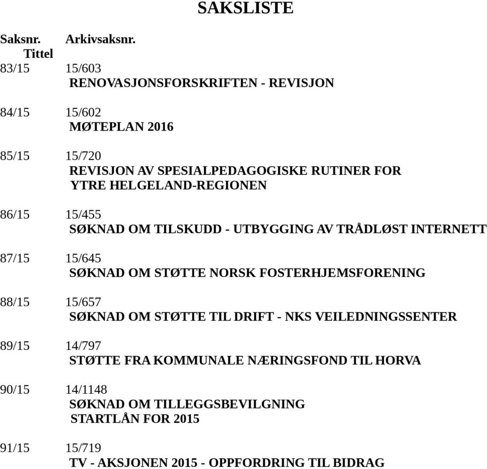 YTRE HELGELAND-REGIONEN 86/15 15/455 SØKNAD OM TILSKUDD - UTBYGGING AV TRÅDLØST INTERNETT 87/15 15/645 SØKNAD OM STØTTE NORSK